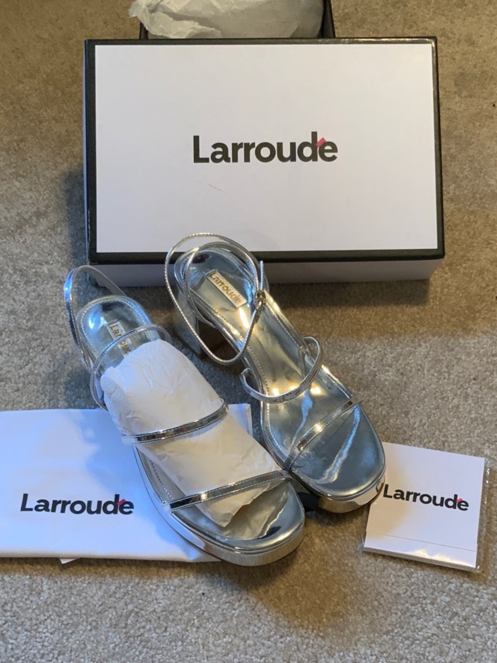 Larroude Silver Metallic Open-Toe Strappy Heels